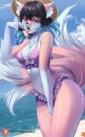  absurd_res anthro black_hair blue_hair canid canine clothing female food fox fox_girl gradient_hair hair heterochromia hi_res licking_popsicle long_hair macaronneko mammal multi_tail popsicle sea solo swimwear tail water 