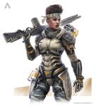  1girl alternate_costume apex_legends armor bangalore_(apex_legends) black_eyes brown_hair brown_scarf camouflage camouflage_pants cowboy_shot dark-skinned_female dark_skin english_commentary g7_scout gloves grey_gloves gun holding holding_gun holding_weapon looking_to_the_side michal_salata over_shoulder pants realistic rifle scarf science_fiction short_hair solo weapon weapon_over_shoulder white_background 