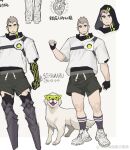  1boy animal baggy_pants bara black_shorts black_socks clenched_hand clothed_animal dog facial_hair full_body gh_himainu goatee_stubble grey_hair highres hood hood_up male_focus mature_male mechanical_legs multiple_views muscular muscular_male original pants pectorals shoes short_hair shorts sideburns sneakers socks stubble thick_eyebrows thighs 