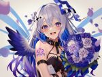  :d amane_kanata angel angel_wings arm_tattoo birthday blue_hair bouquet collar colored_inner_hair double_bun flower grey_hair hair_between_eyes hair_bun highres hololive long_hair looking_at_viewer multicolored_hair open_mouth purple_eyes sleeveless smallpine_7 smile strapless tattoo tube_top upper_body virtual_youtuber wings 