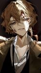  1boy black_background blood blood_on_face blood_on_mouth blue_eyes brown_jacket bruise bruise_on_face bungou_stray_dogs collarbone hair_between_eyes highres injury jacket looking_at_viewer mafia male_focus medium_hair nakahara_chuuya orange_hair parted_lips shirt simple_background solo sweatdrop upper_body white_shirt ya_ta 