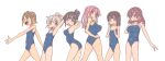  6+girls :d :o :t absurdres ahoge armpits arms_up ass bare_arms bare_legs bare_shoulders black_hair blue_hair blue_one-piece_swimsuit blunt_bangs blunt_ends bob_cut breast_envy breasts brown_eyes brown_hair colored_inner_hair commentary covered_navel fang flat_chest green_eyes grey_hair hair_between_eyes hair_bun hair_intakes hair_ornament hair_up hairclip hand_on_own_chest hand_on_own_hip highres hozuki_kaede hozuki_momiji large_breasts long_hair looking_at_another looking_at_viewer looking_away medium_breasts multicolored_hair multiple_girls murosaki_miyo new_school_swimsuit oka_asahi one-piece_swimsuit onii-chan_wa_oshimai! open_mouth orange_hair oyama_mahiro oyama_mihari pink_eyes pink_hair purple_hair school_swimsuit short_hair siblings simple_background sisters small_breasts smile solla swimsuit two-tone_hair white_background 
