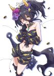  1girl ahoge animal_print black_gloves black_hair choker club_(weapon) coffee_beans crop_top gloves hair_ornament horns horse_girl horse_tail lightning_bolt_hair_ornament lightning_bolt_symbol long_hair looking_at_viewer manhattan_cafe_(umamusume) mask multicolored_hair navel nodachi_(artist) oni oni_horns oni_mask ponytail shorts solo spiked_club stomach tail tiger_print two-tone_hair umamusume weapon white_background white_hair 