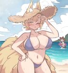  2girls absurdres alternate_costume animal_ear_fluff animal_ears arm_up bare_shoulders beach blonde_hair breasts brown_hair cat_ears cat_tail chen cleavage cloud day ears_through_headwear fox_ears fox_tail hand_up highres horizon large_breasts littlecloudie multiple_girls multiple_tails nekomata outdoors petite short_hair swimsuit tail touhou two_tails v water yakumo_ran 