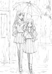  amami_(yuri_espoir) blazer commentary_request drill_hair greyscale highres holding holding_umbrella jacket komadori_kokoro long_hair monochrome naoi_mai official_art open_mouth pantyhose pleated_skirt rain sailor_collar school_uniform shared_umbrella shoes sketch skirt smile twin_drills umbrella uwabaki valentine very_long_hair walking_together yuri yuri_de_naru_esupowaru 