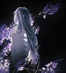  1boy arms_at_sides back back_tattoo black_background black_hair branch commentary completely_nude flower from_behind hair_between_eyes hair_over_shoulder long_hair looking_to_the_side looking_up male_focus moon_phases nude onmyoji parted_lips purple_flower purple_theme solo straight_hair susabi_(onmyoji) tattoo upper_body very_long_hair ye_(ran_chiiipye) 