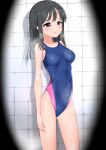  1girl absurdres black_eyes black_hair blue_one-piece_swimsuit breasts competition_swimsuit covered_navel highleg highleg_swimsuit highres long_hair one-piece_swimsuit original shower_(place) small_breasts solo standing swimsuit tile_wall tiles two-tone_swimsuit water zagashira 