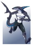 anthro blue_stripes clothing dark_sclera fish hi_res male marine ryuhu_blau shark shark_tail solo stripes thovapexus underwear 