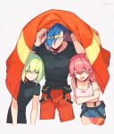  &gt;_&lt; 1girl 2boys :o aina_ardebit asymmetrical_legwear belt black_belt black_pants black_shirt black_wristband blue_hair blue_shorts breasts closed_eyes cropped_shirt denim denim_shorts english_commentary galo_thymos green_hair height_difference highres holding holding_clothes holding_jacket jacket large_breasts leaning_forward lio_fotia mismatched_legwear multiple_boys muscular muscular_male open_mouth otoko_no_ko pants pantyhose promare purple_eyes red_pants red_pantyhose shirt short_hair shorts side_ponytail simple_background suspender_shorts suspenders water_drop wet wet_hair white_background white_shirt xiu_xxx_wu 