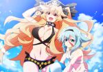  2girls anne_bonny_(fate) anne_bonny_(swimsuit_archer)_(fate) bikini blonde_hair blue_sky breasts cloud fate/grand_order fate_(series) large_breasts long_hair looking_at_viewer mary_read_(fate) mary_read_(swimsuit_archer)_(fate) medium_breasts multiple_girls pirate scar scar_on_face short_hair sky smile swimsuit tukno volleyball water white_bikini 