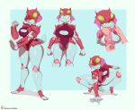  absurd_res amphibian anthro armor barefoot big_breasts big_butt blue_body blue_sclera bottomless breasts butt cleavage_cutout clothed clothing crouching featureless_breasts feet female frog green_eyes headgear helmet hi_res horizontal_pupils huge_breasts jacket long_tongue machine medabots multiple_images one-piece_swimsuit pupils red_body riipley robot shoulder_pads simple_background smile solo standing swimwear thick_thighs tongue tongue_wrap topwear wide_hips 