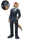  anthro athletic black_nose blue_eyes clawed_fingers claws clothed clothing cutaway dress_pants dress_shirt dress_shoes dsw7 fully_clothed fur hair hand_in_pocket hi_res lontra looking_at_viewer male mammal mustelid north_american_river_otter otter plantigrade pockets red_hair river_otter schwartz_otter shirt smile smiling_at_viewer solo suit suit_and_tie suit_jacket tan_body tan_fur topwear 