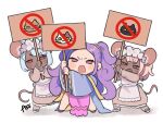  3girls angry animal_ear_piercing animal_ears apron arms_up azu_(kirara310) blue_hair blue_robe blue_rope blunt_bangs blush_stickers cat chibi commentary_request daikokuten_(fate) dark-skinned_female dark_skin dress fate/grand_order fate_(series) furrowed_brow holding holding_sign legs_apart long_hair long_sleeves maid maid_headdress mouse_ears mouse_girl mouse_tail multiple_girls narrowed_eyes no_symbol open_mouth parted_bangs pelvic_curtain pink_dress pink_eyes pink_hair protest purple_hair red_eyes robe rope scowl sign signature simple_background standing tail twintails v-shaped_eyebrows very_long_hair white_apron white_background wide_sleeves wu_zetian_(fate) wu_zetian_(first_ascension)_(fate) 