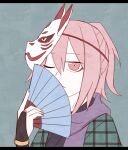  1boy adapted_costume fan_over_face folding_fan fox_mask genderswap genderswap_(ftm) grey_background hand_fan hata_no_kokoro holding holding_fan kiryuu_soma looking_at_viewer mask mask_on_head one_eye_closed pink_eyes pink_hair scarf solo touhou 