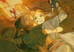  1boy 1girl belt black_gloves blonde_hair blood blood_on_face boy_on_top broken broken_sword broken_weapon brown_belt crying gloves green_eyes highres hug injury link long_hair looking_at_viewer lying on_back princess_zelda short_sleeves stone_floor sword tears the_legend_of_zelda the_legend_of_zelda:_breath_of_the_wild triforce turippy weapon 