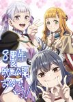  3girls black_capelet black_clover blue_hair blunt_bangs bob_cut capelet closed_mouth dress green_eyes grey_hair highres horns jacket long_hair looking_at_viewer low_twintails mimosa_vermillion misopetha-menos multiple_girls noelle_silva open_mouth orange_hair purple_dress purple_eyes red_eyes secre_swallowtail short_hair smile twintails v white_jacket 
