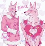  &lt;3 anthro body_hair bow_tie canid canine canis chest_hair clothed clothing crossdressing dress facial_tuft fangs girly gloves handwear head_tuft heart_shaped_box hi_res inner_ear_fluff male mammal neck_tuft no_pupils p0nyplanet panties pecs pinkie_(p0nyplanet) purse ribbons smile solo sparkles teeth topwear tuft underwear white_eyes wolf 