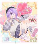  1girl balloon beret black_ribbon blonde_hair braid cake chinchilla_(animal) commentary food frills gift grey_sweater_vest hair_ornament hairclip hanamori_natsumi happy_birthday hat heart_balloon highres holding_party_popper light_blush looking_at_viewer multicolored_hair one_eye_closed open_mouth party_popper plaid purple_eyes purple_hair ribbed_socks ribbon shoes skirt smile sneakers socks solo strawberry_shortcake sweater_vest teeth twin_braids twitter_username upper_teeth_only wanmofu 