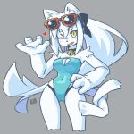  1girl :d animal_ear_fluff bell black_bow blue_one-piece_swimsuit body_fur bow breasts cleavage cleavage_cutout clothing_cutout covered_navel eyewear_on_head fang furry furry_female grey_background hair_bow hand_on_own_hip heart long_hair looking_at_viewer mawaru_(mawaru) neck_bell one-piece_swimsuit one_eye_closed original ponytail simple_background skin_fang smile solo strapless strapless_swimsuit sunglasses suzubi_(mawaru) swimsuit white_hair 