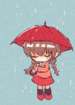  1girl aqua_background black_socks blue_background blush braid brown_hair closed_eyes hands_up highres holding holding_umbrella long_hair long_sleeves no_mouth no_nose pink_shirt rain red_footwear red_skirt red_umbrella shirt shoes skirt socks solo standing takasankuro twin_braids twintails umbrella water_drop yume_nikki 