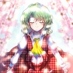  1girl absurdres alphes_(style) ascot closed_eyes closed_mouth commentary_request facing_viewer green_hair highres kazakome kazami_yuuka light_rays long_sleeves outdoors parody plaid plaid_skirt plaid_vest red_skirt red_vest shirt short_hair skirt smile solo style_parody touhou vest white_shirt yellow_ascot 