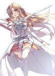  1girl armor asuna_(sao) bare_shoulders breasts brown_eyes brown_hair highres holding holding_sword holding_weapon long_hair looking_at_viewer medium_breasts open_mouth orange_skirt parted_lips pleated_skirt shiro_youduki skirt solo sword sword_art_online thighhighs weapon white_background white_thighhighs zettai_ryouiki 