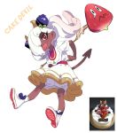  1girl arms_up bloomers blueberry blueberry_hair_ornament bow brown_horns cake christmas christmas_cake colored_text crying crying_with_eyes_open dark-skinned_female dark_skin demon demon_girl demon_horns demon_tail donuttypd dress eyeshadow food food-themed_hair_ornament footwear_bow frown fruit hair_ornament hair_over_one_eye horns long_hair looking_at_viewer makeup medium_dress merry_christmas multicolored_hair original personification pink_hair ponytail purple_bow real_life red_eyes shoes socks strawberry tail tears tongue tongue_out underwear white_background white_bloomers white_dress white_footwear white_hair white_socks 
