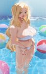  1girl :d ball bikini blonde_hair blue_eyes breasts cleavage highres large_breasts long_hair looking_at_viewer miami-chan_(ryusei_hashida) open_mouth original red_nails ryusei_hashida smile solo standing swimsuit thighs wading wading_pool wet white_bikini 