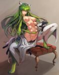  2017 amber_eyes animal_humanoid anthro blush breasts c.c. cat_humanoid clothed clothing code_geass digitigrade domdozz felid felid_humanoid feline feline_humanoid female fur furniture genitals green_body green_fur green_hair grey_background hair hand_on_leg hand_on_thigh hi_res humanoid inner_ear_fluff looking_at_viewer mammal mammal_humanoid multi_breast navel nipples partially_clothed pussy simple_background smile solo spreading tuft 