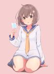  1girl blue_neckerchief bra_visible_through_clothes brown_eyes brown_hair commentary_request dress flower food full_body hair_flower hair_ornament highres kantai_collection kure_jirou looking_at_viewer neckerchief pink_background popsicle sailor_dress short_hair simple_background solo sweat tongue tongue_out white_background yellow_neckerchief yukikaze_(kancolle) 