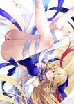  1girl absurdres artoria_caster_(fate) artoria_caster_(swimsuit)_(fate) artoria_caster_(swimsuit)_(third_ascension)_(fate) artoria_pendragon_(fate) bare_shoulders blonde_hair blue_one-piece_swimsuit blue_ribbon blush bow breasts detached_sleeves facial_mark fate/grand_order fate_(series) forehead_mark green_eyes hair_ornament hair_ribbon highleg highleg_swimsuit highres large_breasts legs_up looking_at_viewer medium_breasts misaki346 one-piece_swimsuit ribbon solo swimsuit white_bow wide_sleeves 