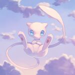  blue_eyes cloud commentary day full_body highres ibusaki_(ivu) looking_at_viewer mew_(pokemon) no_humans outdoors own_hands_together pokemon pokemon_(creature) sky solo watermark 
