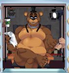  animatronic anthro bear belly blue_eyes brown_body chair claws clothing eyebrows eyewear five_nights_at_freddy&#039;s freddy_(fnaf) furniture glasses hat headgear headwear hi_res machine male mammal meanookami mirror on_chair pecs reading robot scottgames sitting sitting_on_chair solo thick_eyebrows 