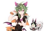  1girl 2boys alternate_costume blush clenched_hands collei_(genshin_impact) colored_sclera cyno_(genshin_impact) dark-skinned_male dark_skin erhuo genshin_impact green_eyes green_hair green_sclera grey_hair halloween_costume looking_at_viewer medium_hair multiple_boys purple_eyes red_sclera short_hair simple_background thumbs_up tighnari_(genshin_impact) white_background 