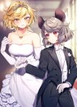  2girls animal_ears black_pants blonde_hair blush breasts buttons closed_mouth collarbone commission dress elbow_gloves flat_chest gloves grey_hair highres jewelry long_sleeves medium_breasts mouse_ears multiple_girls nazrin necklace open_mouth pants red_eyes shirt short_hair skeb_commission smile tomobe_kinuko toramaru_shou touhou white_dress white_gloves white_shirt yellow_eyes 