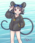  1girl animal_ears arm_up blush character_name cheese coat collared_coat dot_nose english_text food glasses grey_hair hand_in_pocket highres looking_at_viewer mouse_ears mouse_girl mouse_tail nazrin red_eyes short_hair smile solo sonosaki_kazebayashi striped_coat tail touhou yellow_stripes 