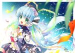  1girl blue_hair blush green_eyes hair_ribbon hat highres hoshino_yumemi key_(company) long_hair long_sleeves looking_at_viewer open_mouth planetarian remotaro ribbon skirt smile solo tanabata tanzaku twintails very_long_hair 