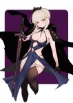  1girl absurdres artoria_pendragon_(alter_swimsuit_rider)_(fate) artoria_pendragon_(alter_swimsuit_rider)_(third_ascension)_(fate) artoria_pendragon_(fate) bare_shoulders black_coat black_gloves black_thighhighs blonde_hair blue_dress blush braid breasts cleavage clothing_cutout coat coat_on_shoulders dress excalibur_morgan_(fate) fate/grand_order fate_(series) french_braid gloves hair_bun highres long_hair long_sleeves looking_at_viewer medium_breasts navel navel_cutout open_clothes open_coat sidelocks solo sword thighhighs thighs tiara ura_illust weapon yellow_eyes 