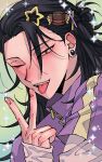  1boy :p black_hair brown_eyes ear_piercing getou_suguru green_background hair_ornament hairclip hand_up jacket ju_angbal_love jujutsu_kaisen long_hair long_sleeves looking_at_viewer male_focus one_eye_closed open_mouth piercing purple_jacket sleeves_past_wrists solo sparkle tongue tongue_out tsurime upper_body v 