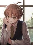  1boy black_vest brown_hair brown_necktie cheeseko closed_mouth collared_shirt danganronpa:_trigger_happy_havoc danganronpa_(series) grey_shirt hand_up head_rest leaf long_sleeves male_focus naegi_makoto necktie shirt short_hair smile solo vest window 