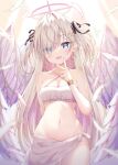  1girl angel blonde_hair blue_eyes blush breasts cleavage earrings feathered_wings halo highres jewelry liuliu long_hair navel original pink_nails solo two_side_up v_over_mouth white_wings wings 