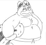  anthro avian beak belly belly_tuft bird clothing crown dededaio hat headgear headwear hi_res king king_dedede kirby_(series) male monochrome nintendo pecs penguin royalty shirtless solo tuft 