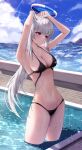  1girl absurdres adjusting_hair armpits arms_up bikini black_bikini blue_archive breasts cleavage collarbone grey_hair halo highres looking_ahead medium_breasts navel noa_(blue_archive) outdoors purple_eyes shiriaru_(jjonaeng) solo swimsuit wading water_drop 