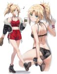  1girl ass bare_shoulders black_footwear black_jacket black_panties blonde_hair blush braid breasts fate/apocrypha fate_(series) french_braid green_eyes hair_ornament hair_scrunchie highres holding jacket long_hair looking_at_viewer mordred_(fate) mordred_(fate/apocrypha) musical_note navel open_clothes open_jacket panties ponytail red_scrunchie red_shorts scrunchie shorts smile standing tonee underwear 