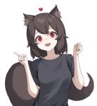  1girl :d absurdres animal_ear_fluff animal_ears black_shirt brown_hair ellu heart highres looking_at_viewer open_mouth original red_eyes shirt short_hair short_sleeves simple_background smile tail 