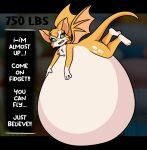  absurd_res anthro bat belly big_belly bodily_fluids dialogue dust:_an_elysian_tail english_text female fidget_(elysian_tail) fur green_eyes growth_drive hi_res hyper hyper_belly immobile mammal navel nimbat open_mouth orange_body orange_fur overweight pompuffy_(artist) solo sweat tail text weight_gain white_body white_fur wings 