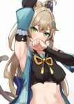  1girl ahoge animal_ears arm_up armpits bare_shoulders black_shirt blonde_hair breasts cat_ears cat_tail covered_nipples covering_mouth crop_top detached_sleeves genshin_impact gohei_(aoi_yuugure) green_eyes hair_ornament hairclip kirara_(genshin_impact) long_hair long_sleeves looking_at_viewer medium_breasts midriff multiple_tails navel ponytail shirt sleeveless sleeveless_jacket sleeveless_shirt slit_pupils solo stomach tail two_tails upper_body very_long_hair 