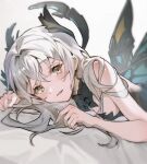  1girl bare_arms bare_shoulders black_bow black_bowtie black_halo bow bowtie breast_press breasts butterfly_wings cleavage cloudyman curled_fingers gradient_background hair_between_eyes hair_intakes halo halo_behind_head highres insect_wings light_blush liv:_empyrea_(dreamcatcher)_(punishing:_gray_raven) liv:_empyrea_(punishing:_gray_raven) liv_(punishing:_gray_raven) long_hair looking_at_viewer lying mechanical_halo medium_breasts official_alternate_costume on_stomach open_mouth procreate_(medium) punishing:_gray_raven solo upper_body white_background white_hair wing_hair_ornament wings yellow_eyes 