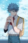  1boy backpack bag belt belt_buckle blue_hair blue_pants blue_sky blurry blurry_background blurry_foreground boku_no_hero_academia bright_pupils buckle closed_mouth clothing_request cloud cloudy_sky collared_shirt commentary film_grain freckles green_eyes grey_belt hakua_(ktdkilu) hands_up highres holding holding_letter letter light looking_at_viewer looking_to_the_side love_letter male_focus midoriya_izuku multiple_scars necktie outdoors pants power_lines red_necktie scar scar_on_arm scar_on_hand school_uniform shade shirt short_hair short_sleeves sideways_glance sky solo standing sunlight u.a._school_uniform upper_body utility_pole wavy_mouth white_pupils white_shirt wing_collar yellow_bag 