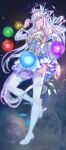  1girl absurdres bare_shoulders breasts closed_mouth douluo_dalu dress full_body gu_yuena guoman_gongzuoshi_ka_lian highres horns leg_up long_hair medium_breasts orb purple_eyes purple_nails shards solo star_(sky) white_dress white_footwear white_hair 